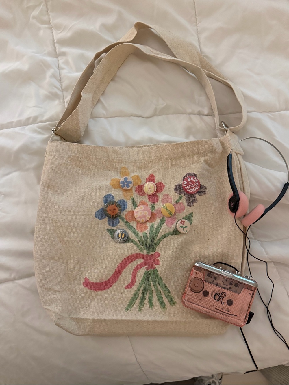 Canvas Shoulder Bag with Floral Bouquet Print in Natural